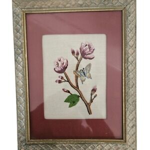 Vintage Framed Embroidered Floral Butterfly Art Textile Needlework *read